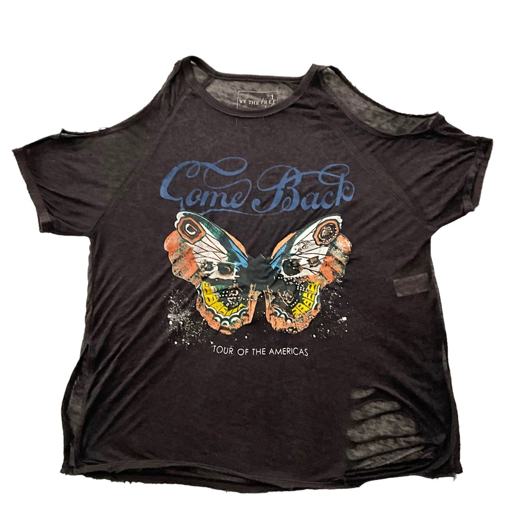 Free People Butterfly Black Graphic Tee, Distressed, Beaded Cutout Shoulders -XS